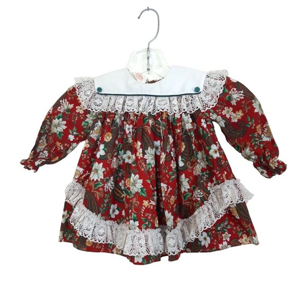 Gavette Other - Vintage Baby Girls Christmas Dress 24M Lace Ruffles Holiday Green Red Poinsettia